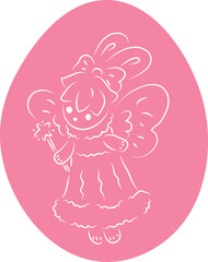 Cute bunny with butterfly wings in a ball gown with a bow on her head flies and holds a magic wand in her hands, full-length, with an oval background in pink, white contours curved lines drawn by hand
