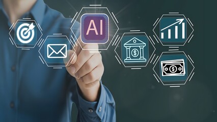 Businessman touching virtual AI icon surrounded by financial technology symbols including bank,...