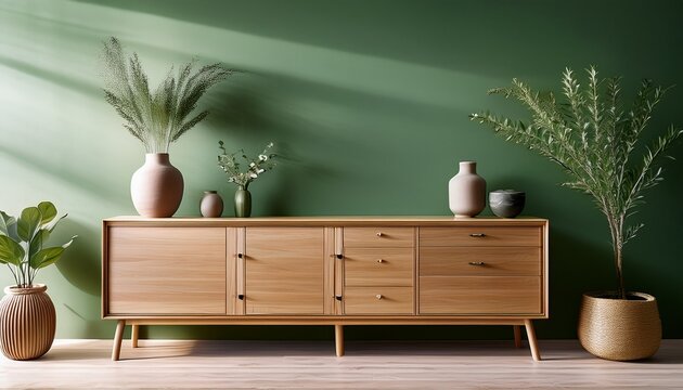 open concept room shows console as focal point wide green backdrop and balanced vases create spacious uncluttered scandinavian sophistication