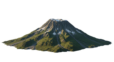 Volcanic Mountain with Conical Shape, Vegetation, and Snow on transparent Background