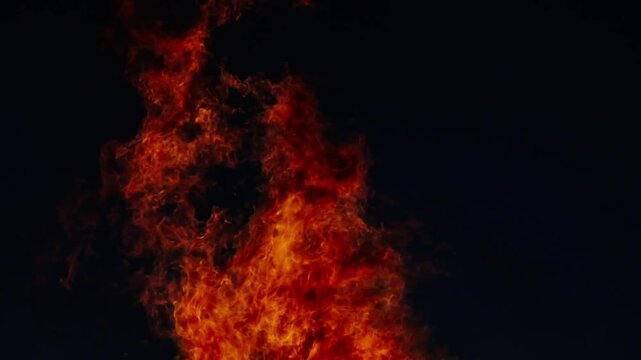 Real flames of a big bonfire burning in the night in a field. Red flames isolated on a black background. Slow motion video.