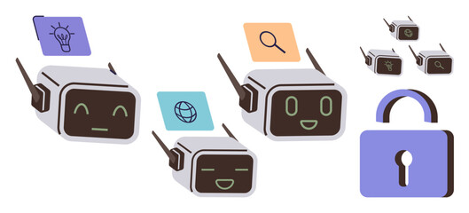 Cute robots display icons representing creativity, web browsing, search, and security, with an emphasis on technology and protection. Ideal for AI, innovation, cybersecurity, learning networking