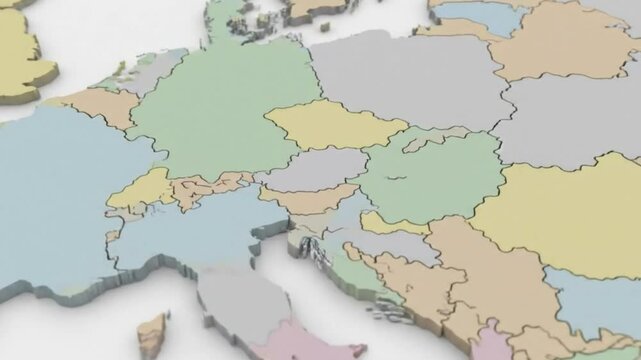 A 3D map of Europe depicting countries with varied pastel colors raised off a white surface
