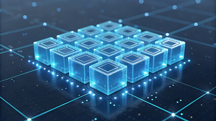 Futuristic technology presents an array of digital blocks representing blockchain data and abstract computer processing in a blue digital space.