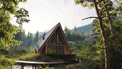 Contemporary minimalist black wooden cabin with a gable roof located in a pine forest. Scandinavian architecture design, peaceful retreat in nature.