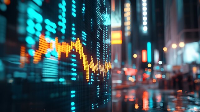 Display showing stock market data with city lights blurred in the background