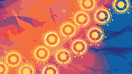 Abstract background with orange and blue hues and a pattern of golden concentric circles scattered across it
