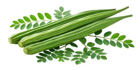 Fresh green moringa oleifera pods and leaves isolated on transparent background for healthy eating