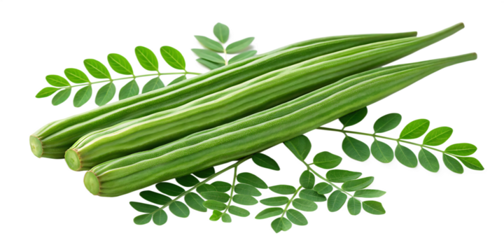 Fresh green moringa oleifera pods and leaves isolated on transparent background for healthy eating