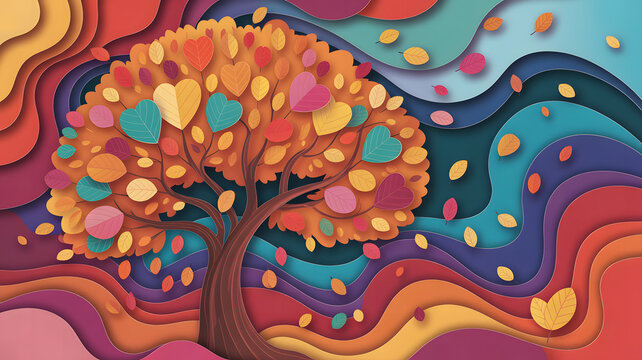 Whimsical paper cut tree with heart shaped leaves and flowing colorful background