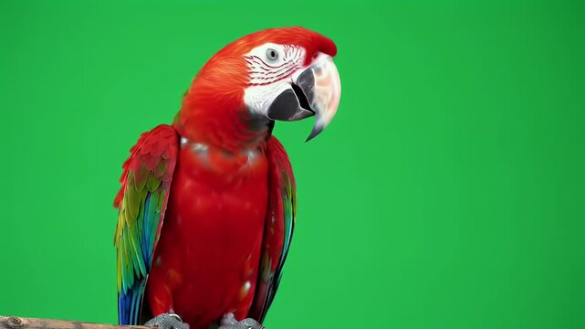 Vibrant Scarlet Macaw Parrot Perched on Branch Against Bright Green Screen Background, Ready for Compositing