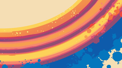 Abstract illustration featuring curved bands of warm colors and blue splatters in a dynamic composition