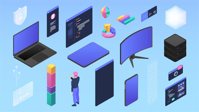 Modern programmers workspace elements set. Vector isolated laptop and smartphone, tablet and screen, diagrams and charts. Software development or remote coding, tech jobs or freelance programming