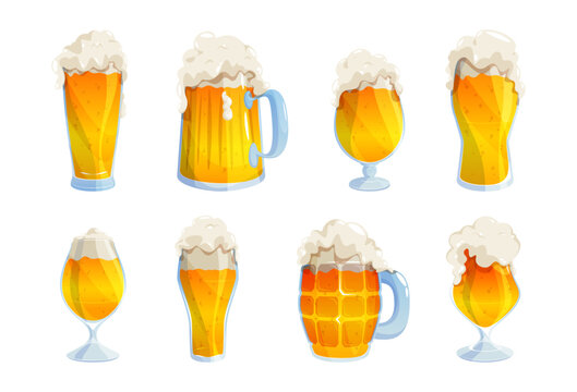 Beer mugs filled with golden lager and topped with foam. Vector isolated collection of isometric cartoon glass cups for alcoholic beverages. Product display, bar menu or brewery design