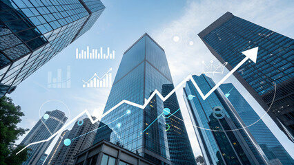 Upward trending business arrow points to success against a cityscape of modern corporate buildings and financial charts.