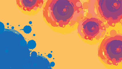 Abstract painting with blue splatters and circular forms in orange and purple tones on a yellow background