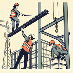 Construction workers on a roof and ladder with harnesses for safety on a steel building site under a blue sky