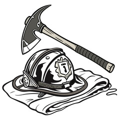Cartoon vector illustration of an axe and hammer with a helmet icon, a symbol of head and face design art