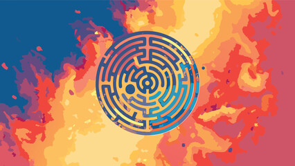 Circular maze design with a blue and gold color scheme set against a colorful abstract background art