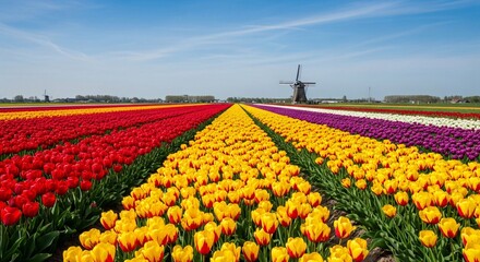 Colorful Tulip Farm with Rainbow Rows, Windmill on Horizon, Springtime Bloom and Clear Skies, Vibrant Flower Fields, Seasonal Floral Landscape