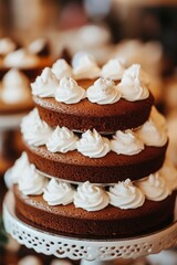 Delicious Cream-Filled Cakes on Display in a Bakery Close-Up