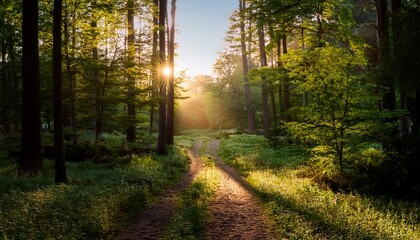 sunlit path through a serene forest at dawn illuminated by golden rays of light creating a magical atmosphere of tranquility and natural beauty