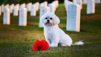 a small white dog sits next to a red poppy flower in a military cemetery