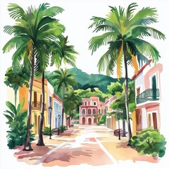 Fototapeta premium Place des Palmistes. Place des Palmistes hand drawn watercolor illustration