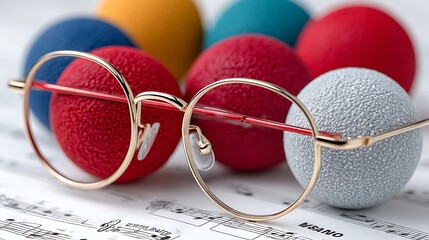 Vintage Spectacles on Sheet Music with Colorful Rubber Balls