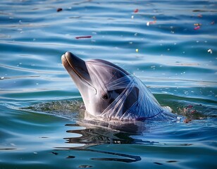 a dolphin entangled in plastic garbage with microplastic particles stuck to its skin this scene emphasizes the direct impact of plastic pollution on large marine mammals and the urgency of addressi