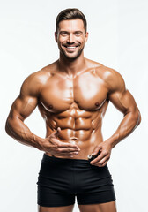 Fototapeta premium Portrait of a shirtless ultra-ripped man smiling while rubbing oil on his abs. Clean white background with soft lighting. Fitness-oriented and commercial-friendly image.