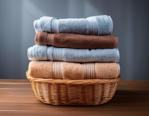 travel packing with multi purpose clothing items concept stack of cozy towels in a woven basket on a wooden surface