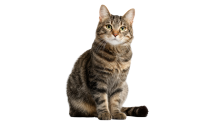 A curious tabby cat sitting gracefully with a neutral expression, white isolate background.