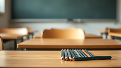 Naklejka premium A classroom desk holds neatly arranged sharpened pencils, with soft focus on an empty chair nearby.