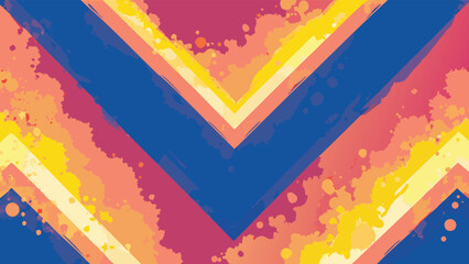 Abstract chevron pattern with splattered watercolor effect in shades of blue yellow pink and orange hues