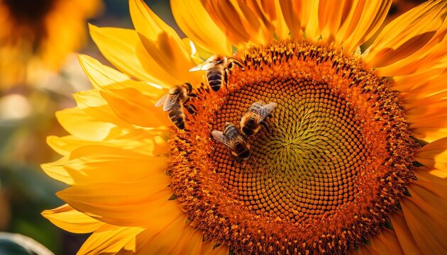 sunflowers and bees in august garden concept bees pollinating a sunflower in vibrant detail