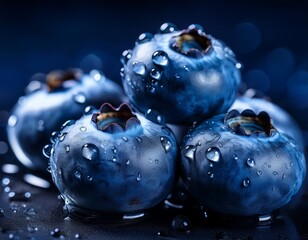 macro view of blueberries sparkling with water droplets deep blue colors enhanced by soft light blurred dark background