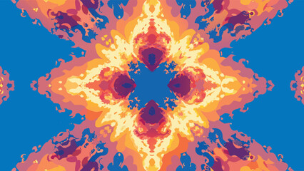 Abstract symmetrical design with swirling patterns of orange yellow purple and blue creating a kaleidoscope effect