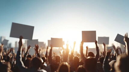 Silhouettes of cheering supporters with banners at political rally during sunset