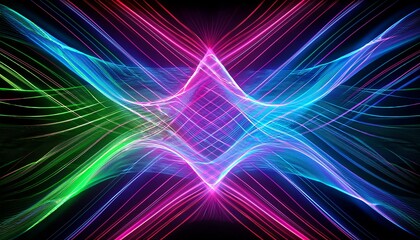 glowing neon lines form dynamic abstract shapes in electric blue pink and green against a sleek black background the pulsating patterns evoke a sense of energy creativity and digital innovation