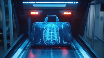 A futuristic luggage scanner displays a glowing X-ray of a suitcase on a conveyor belt in a high-tech security checkpoint.