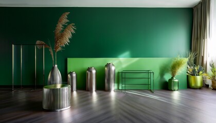 tall balanced scene highlights height and depth glowing green wall and metallic vases radiate calm modern scandinavian minimalism