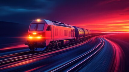 Locomotive Pulling Tank Cars on Tracks with Sunset