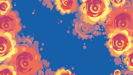 Floral arrangement with roses in shades of pink orange and yellow against a blue background creating a frame