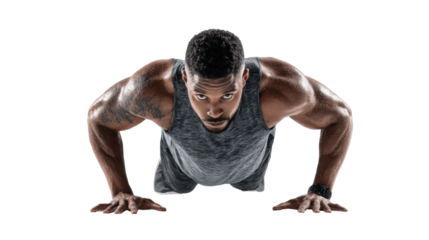 Athletic man performing push-ups on isolated background, showcasing strength and fitness.