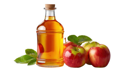 Bottle of apple vinegar with fresh apples and green leaves, isolated on a white background.