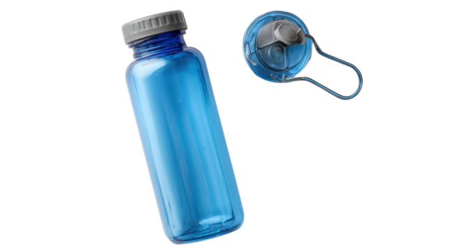 Blue water bottle with a removable lid, isolated on white background.