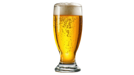 Chilled beer in a glass with bubbles, served on a white background.
