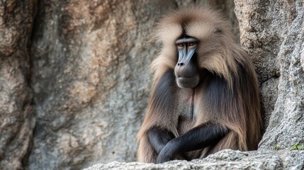 Fototapeta premium Gelada Baboon Resting Thoughtfully Against Rocky Backdrop in Natural Habitat