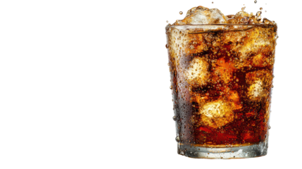 Chilled soda with ice in a glass, refreshing beverage, perfect for summer enjoyment.